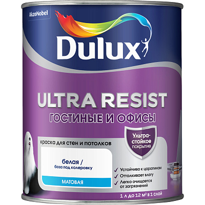 Краска латексная Dulux Ultra Resist гостиные и офисы матовая BC бесцветная 0,9л