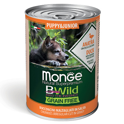 Корм Monge Dog BWild GRAIN FREE для щенков и берем собак беззерновой утка с тыквой и кабачками 400г 