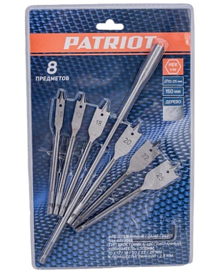 Набор сверел PATRIOT по дереву перовых 10-25 мм, удлиннитель 300мм, в блистере, 8 предметов