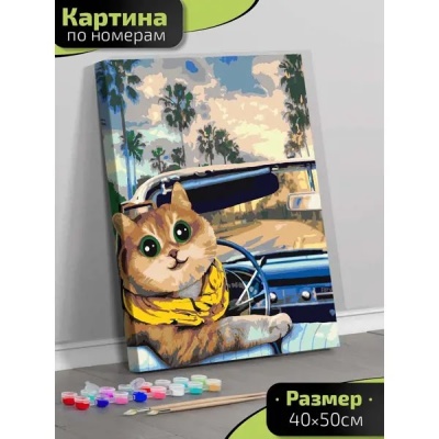 Lp14-016 Картина по номерам Кошка за рулем 40х50 см.