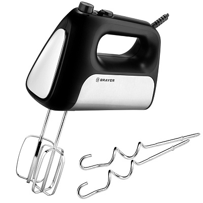 Миксер BRAYER 1303BR-BK, ручной, 500 Вт, 5 скоростей, 2 пары насадок, турборежим, чёрный