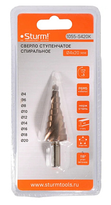 Сверло ступенчатое по металлу 4-20мм шаг 2мм Р6М5+COBALT спираль Sturm!